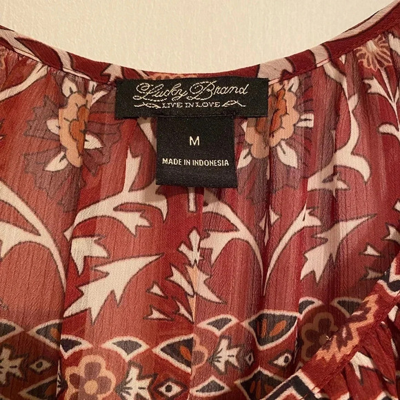 Lucky Brand Women’s Brown & White Floral Long Sleeve Pull-Over Simi-Sheer Top - Picture 3 of 7
